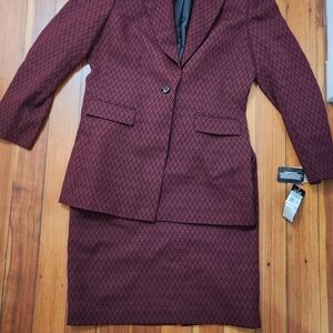 Le Suit Maroon Herringbone Blazer and Skirt Set